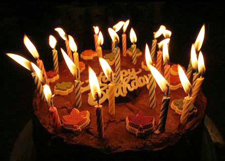 点燃蜡烛的生日蛋糕