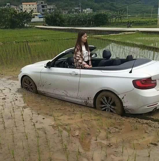 女司机一个不小心把车开到水稻田里去了
