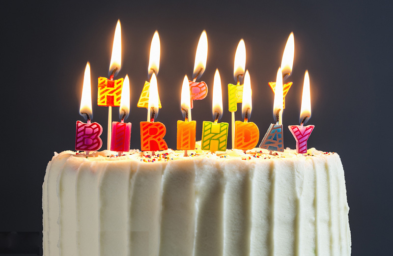 点满彩色蜡烛的生日蛋糕图片